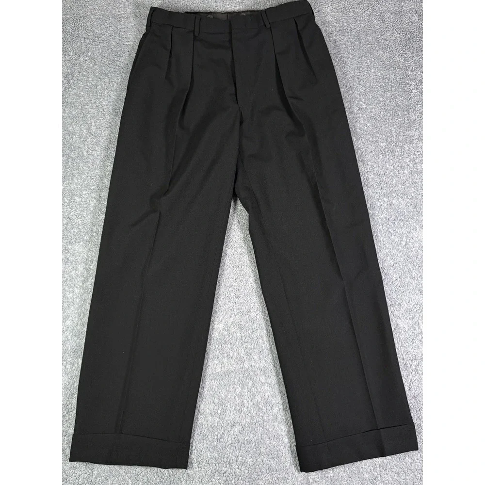 VTG Polo Ralph Lauren Pants Wool Pleated Cuffed Men 32x29 Black 80s Made In USA